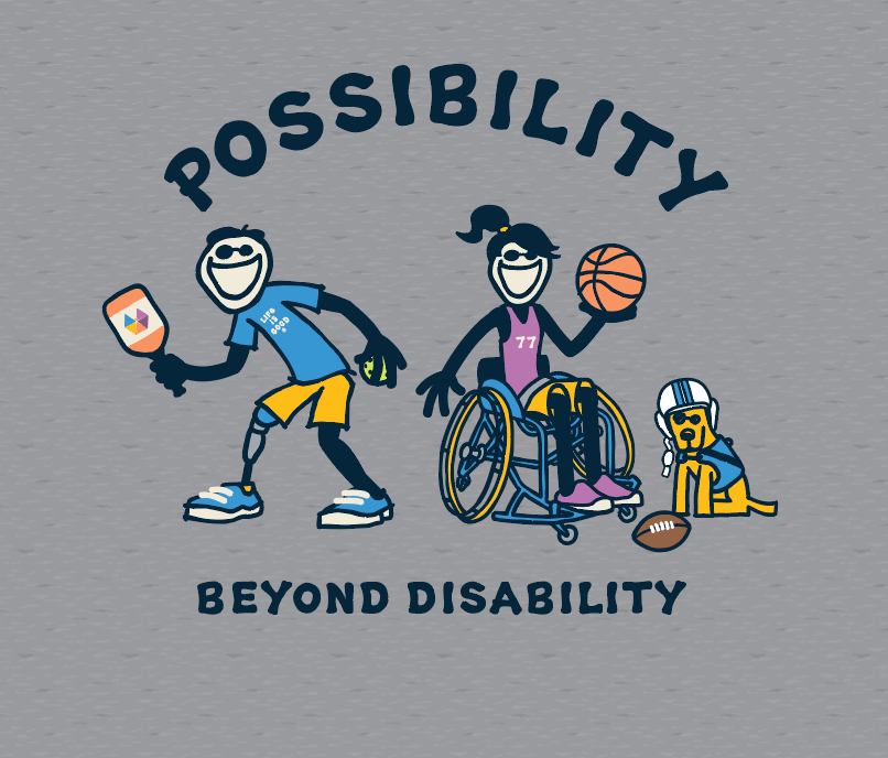 Gray t-shirt with cartoon characters playing adaptive sports and 'Possibility Beyond Disability' text on a gray background
